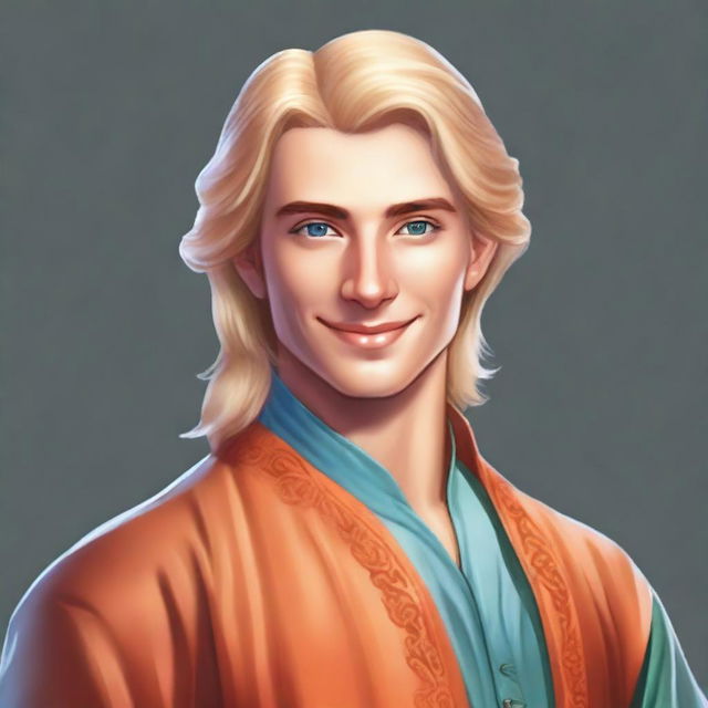 Create a medieval-style portrait of Raymond Saint, a 22-year-old loyal advisor to the Prince of Java