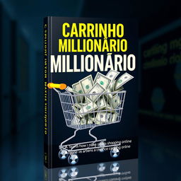 A vibrant and engaging book cover for an ebook titled 'Carrinho Milionário', which teaches how to make money by shopping online