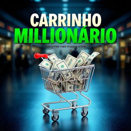 A vibrant and engaging book cover for an ebook titled 'Carrinho Milionário', which teaches how to make money by shopping online