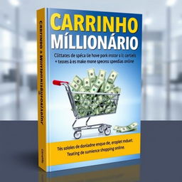 A vibrant and engaging book cover for an ebook titled 'Carrinho Milionário', which teaches how to make money by shopping online