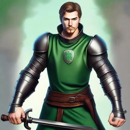 Create a realistic medieval-style portrait focusing on the face of Paul, a 22-year-old knight with an athletic and robust physique