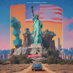 Create a 4K movie poster for a film titled 'Weekend in USA', featuring iconic American landmarks, vibrant colours and a sense of adventure.