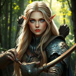 A detailed portrait of an elven female archer with long blonde hair and blue eyes