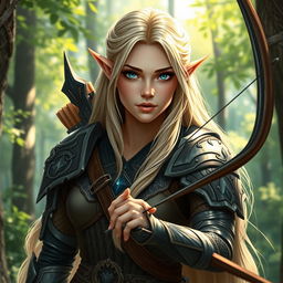 A detailed portrait of an elven female archer with long blonde hair and blue eyes