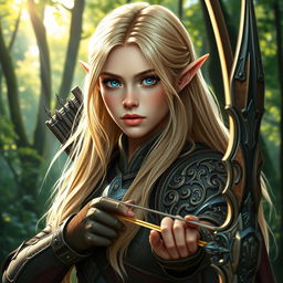 A detailed portrait of an elven female archer with long blonde hair and blue eyes