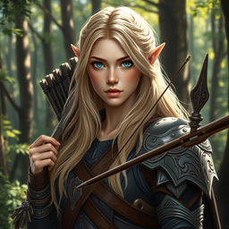 A detailed portrait of an elven female archer with long blonde hair and blue eyes