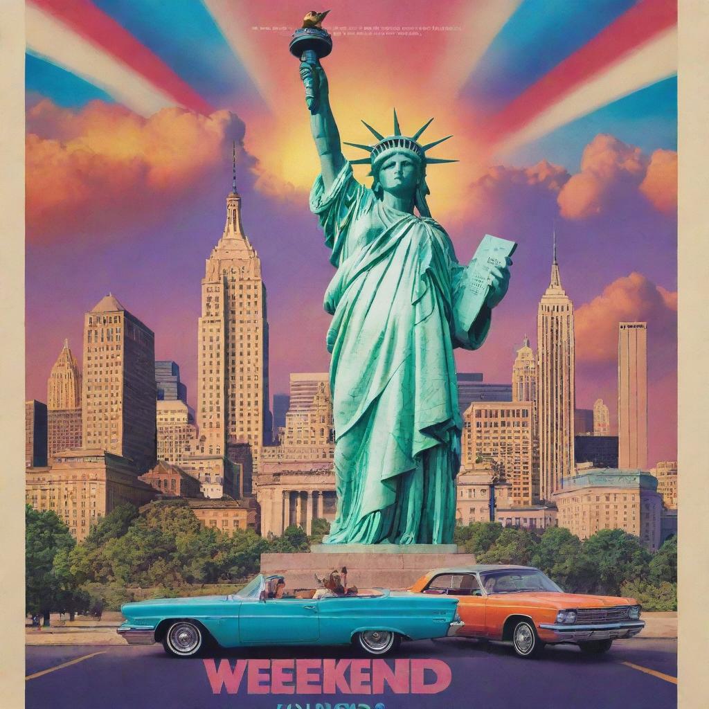 Create a 4K movie poster for a film titled 'Weekend in USA', featuring iconic American landmarks, vibrant colours and a sense of adventure.