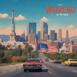 Create a 4K movie poster for a film titled 'Weekend in USA', featuring iconic American landmarks, vibrant colours and a sense of adventure.