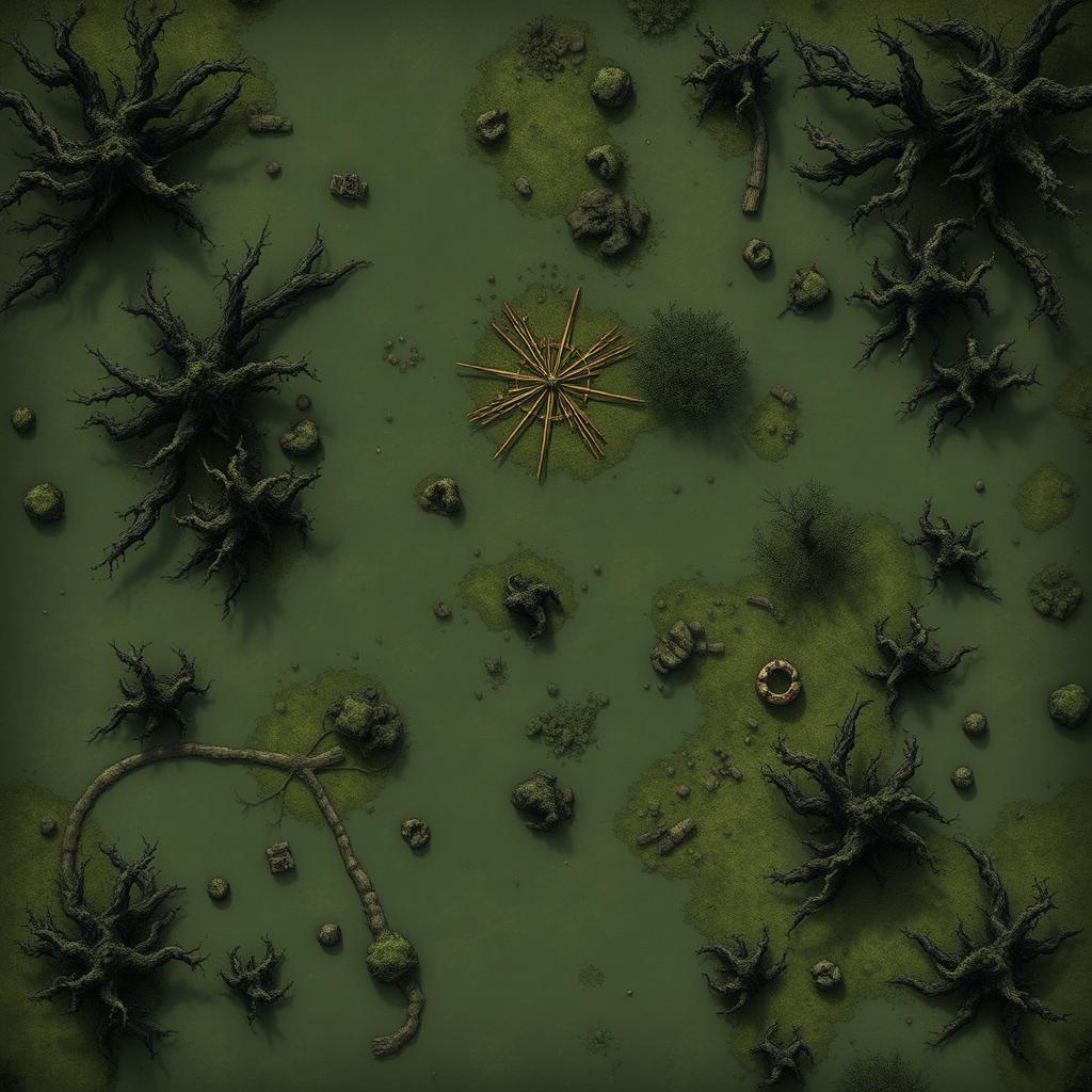 A detailed battlemap viewed from above, depicting a swampy area