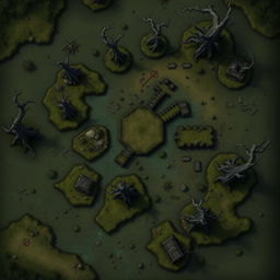 A detailed battlemap viewed from above, depicting a swampy area