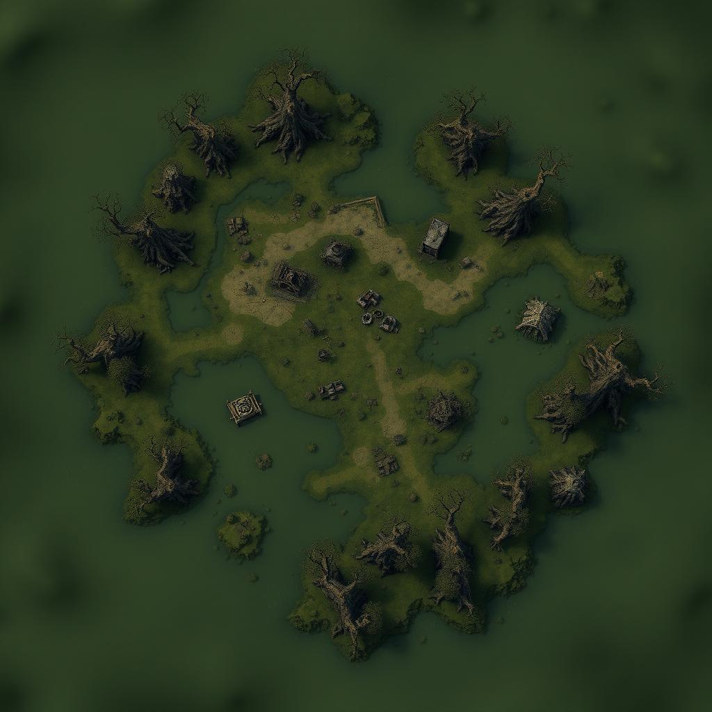 A detailed battlemap viewed from above, depicting a swampy area