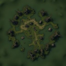 A detailed battlemap viewed from above, depicting a swampy area