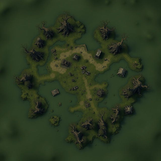 A detailed battlemap viewed from above, depicting a swampy area