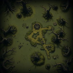 A detailed battlemap viewed from above, depicting a swampy area