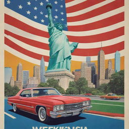 Create a 4K movie poster for a film titled 'Weekend in USA', featuring iconic American landmarks, vibrant colours and a sense of adventure.