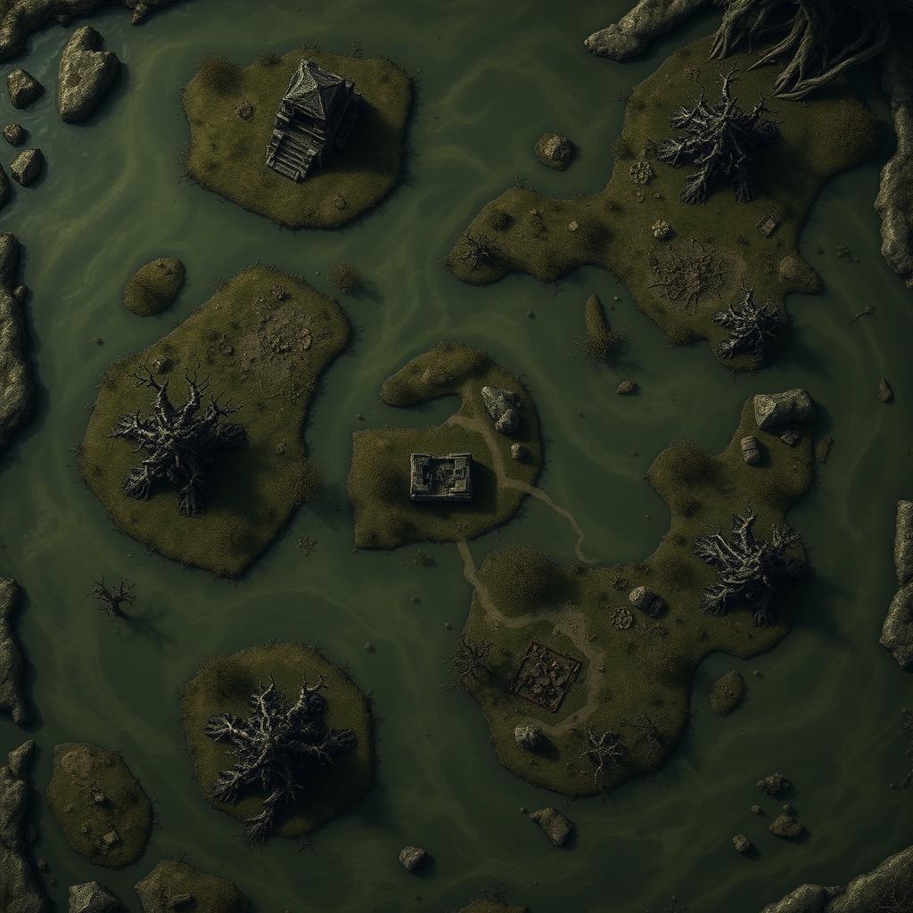 A detailed battlemap viewed from above, depicting a swampy area