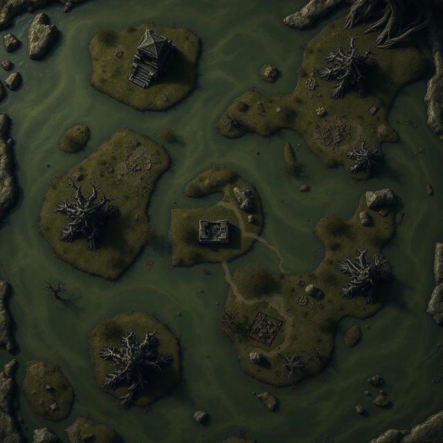 A detailed battlemap viewed from above, depicting a swampy area