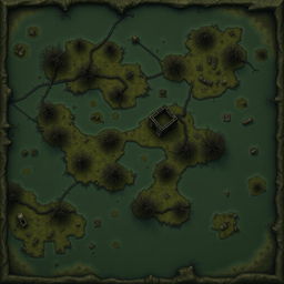 A detailed battlemap viewed from above, depicting a swampy area