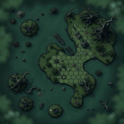 A detailed battlemap viewed from above, depicting a swampy area