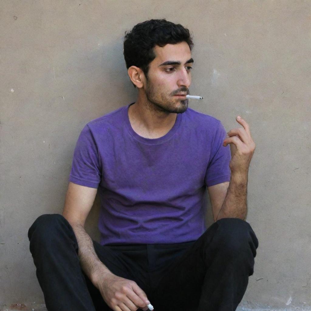 A 25-year-old Iranian man in a purple t-shirt and black pants, sitting secluded behind a wall, smoking a cigarette.