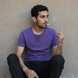 A 25-year-old Iranian man in a purple t-shirt and black pants, sitting secluded behind a wall, smoking a cigarette.