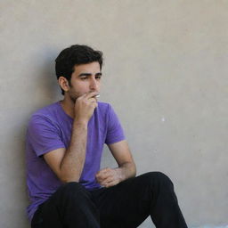 A 25-year-old Iranian man in a purple t-shirt and black pants, sitting secluded behind a wall, smoking a cigarette.