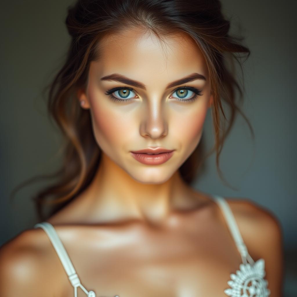 A beautiful girl with a captivating face, wearing a bra