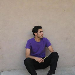 A 25-year-old Iranian man in a purple t-shirt and black pants, sitting secluded behind a wall, smoking a cigarette.