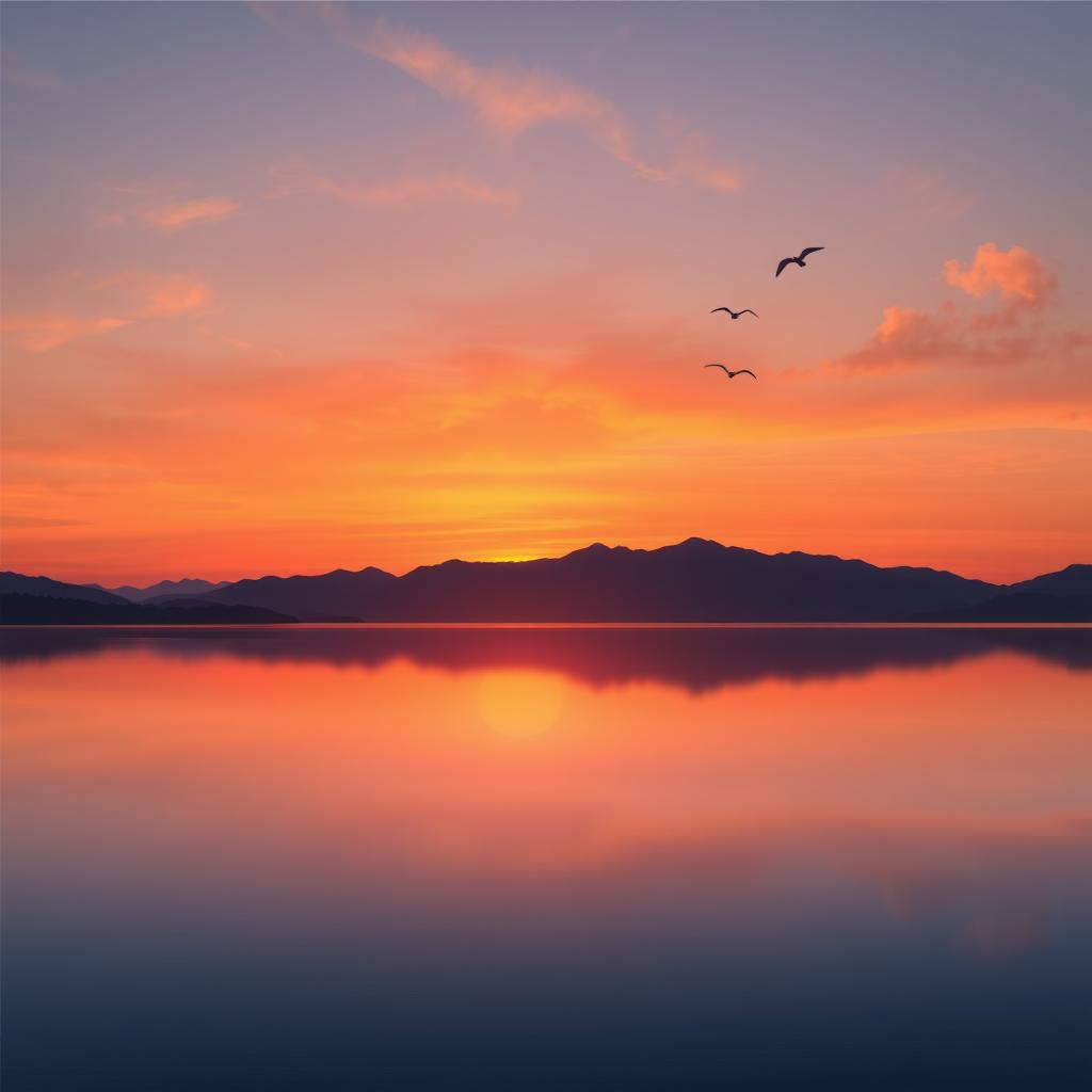 A serene landscape featuring a beautiful sunset over a calm lake, with mountains in the background and a few birds flying in the sky