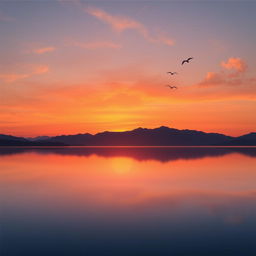 A serene landscape featuring a beautiful sunset over a calm lake, with mountains in the background and a few birds flying in the sky