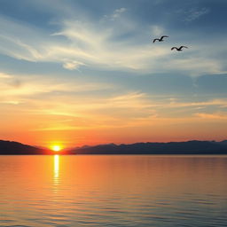 A serene landscape featuring a beautiful sunset over a calm lake, with mountains in the background and a few birds flying in the sky