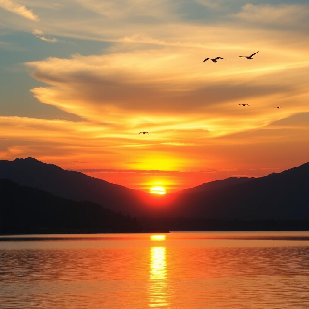 A serene landscape featuring a beautiful sunset over a calm lake, with mountains in the background and a few birds flying in the sky