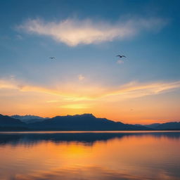 A serene landscape featuring a beautiful sunset over a calm lake, with mountains in the background and a few birds flying in the sky