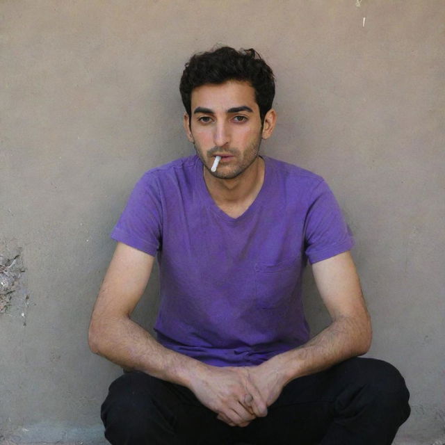 A 25-year-old Iranian man in a purple t-shirt and black pants, sitting secluded behind a wall, smoking a cigarette.