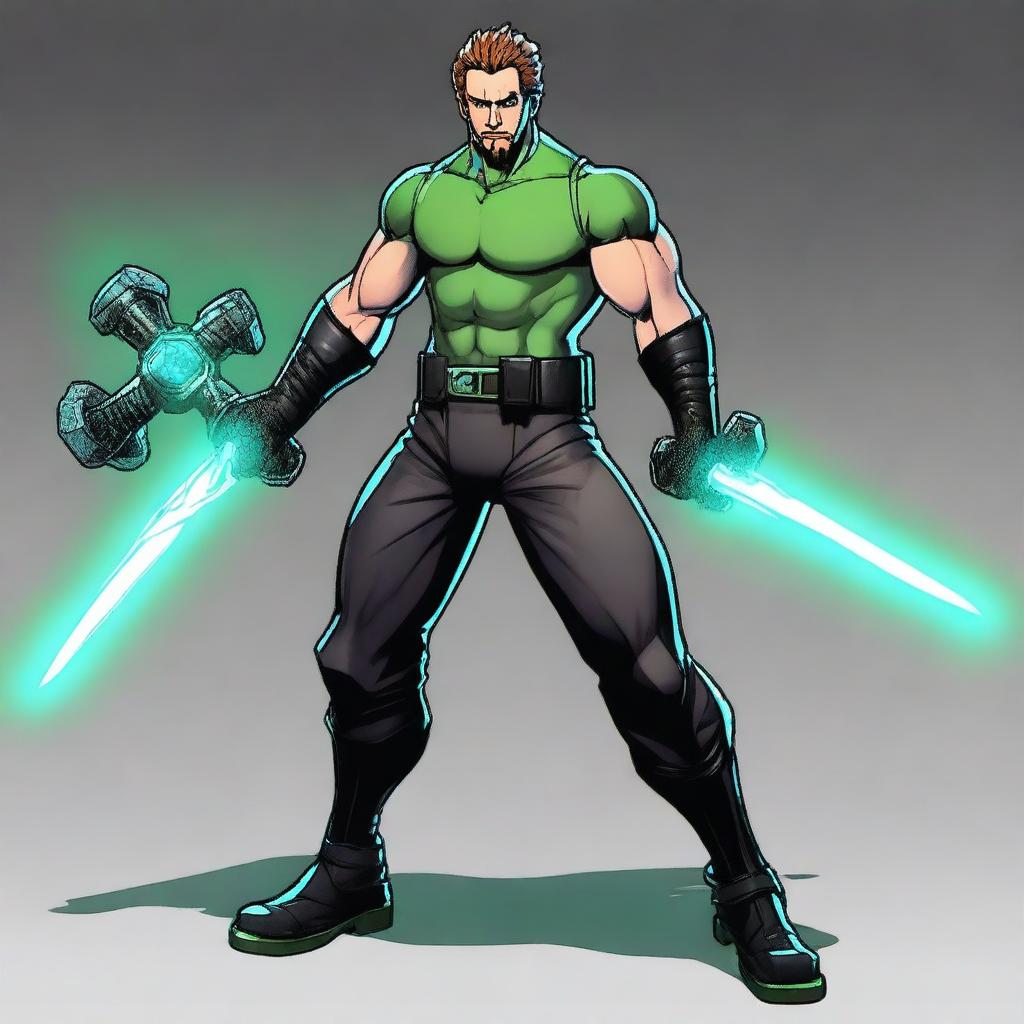 A 22-year-old man with an athletic and robust physique, striking green eyes, and a distinct goatee