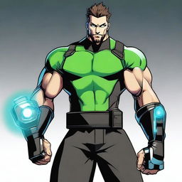 A 22-year-old man with an athletic and robust physique, striking green eyes, and a distinct goatee