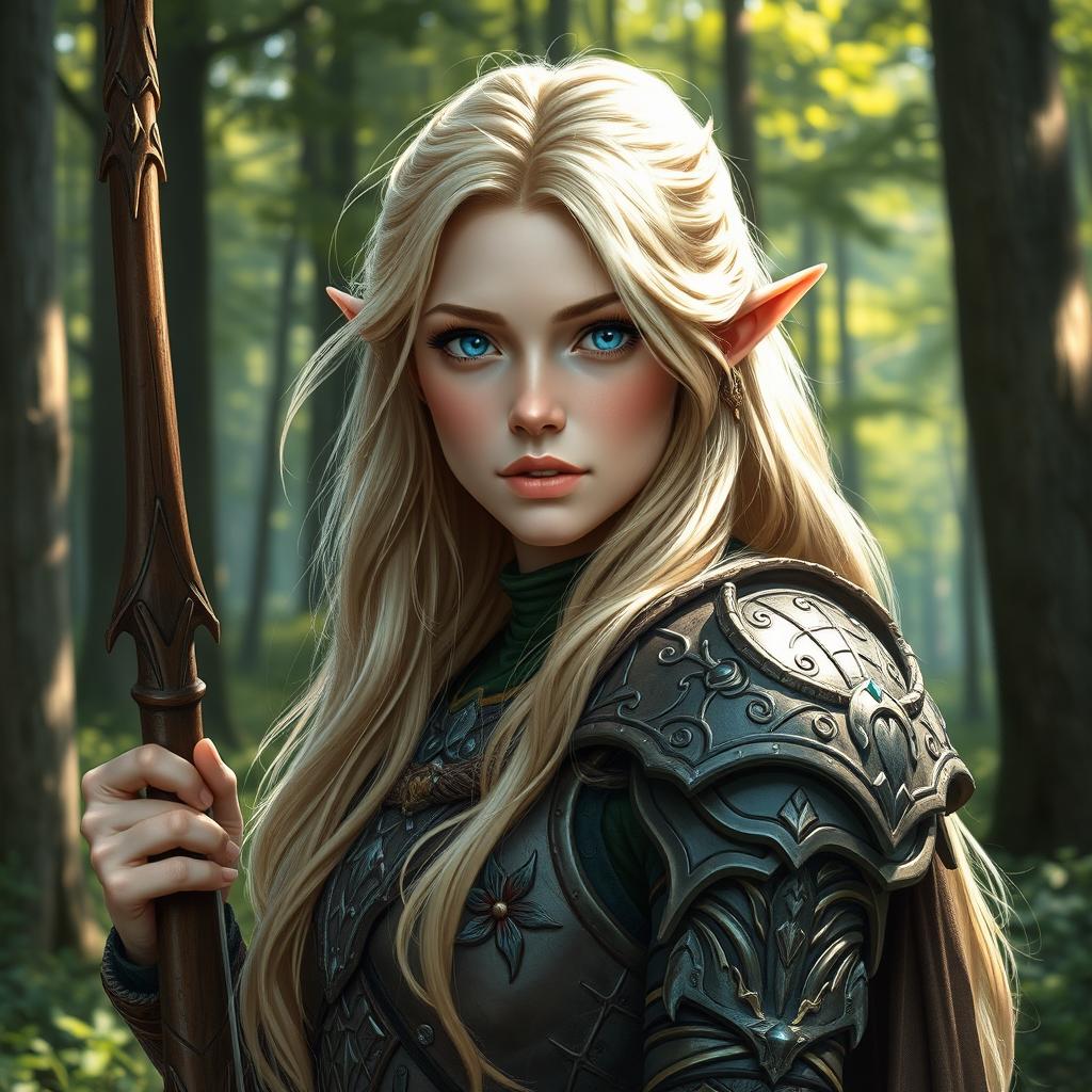 A detailed portrait of an elven female archer with long blonde hair and blue eyes