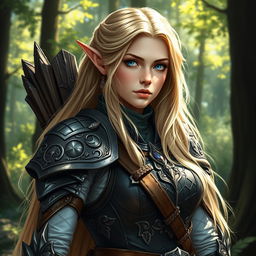 A detailed portrait of an elven female archer with long blonde hair and blue eyes