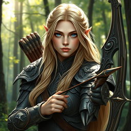 A detailed portrait of an elven female archer with long blonde hair and blue eyes