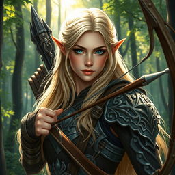 A detailed portrait of an elven female archer with long blonde hair and blue eyes