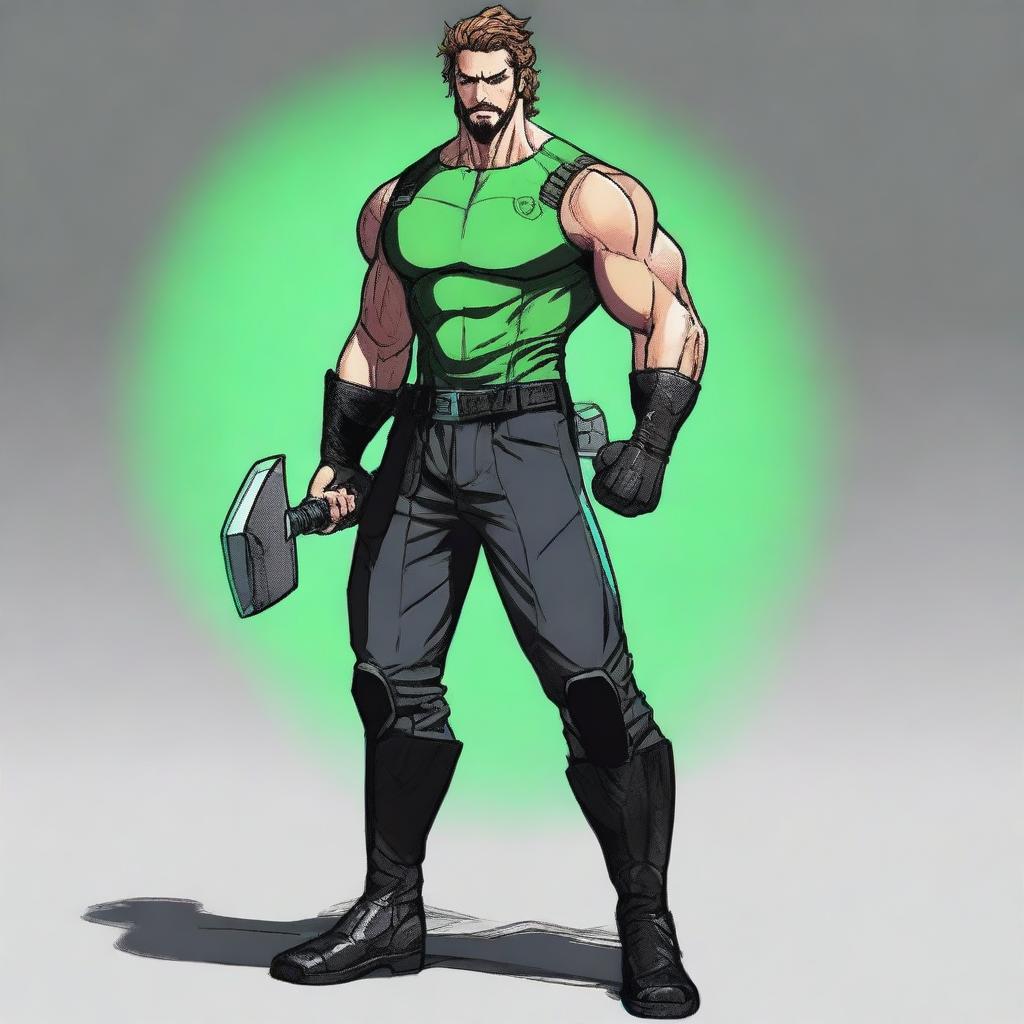 A realistic drawing of a 22-year-old man with an athletic and robust physique, striking green eyes, and a distinct goatee