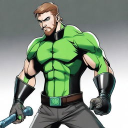 A realistic drawing of a 22-year-old man with an athletic and robust physique, striking green eyes, and a distinct goatee