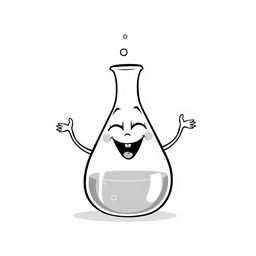 A whimsical and humorous black and white illustration of a laughing Erlenmeyer flask