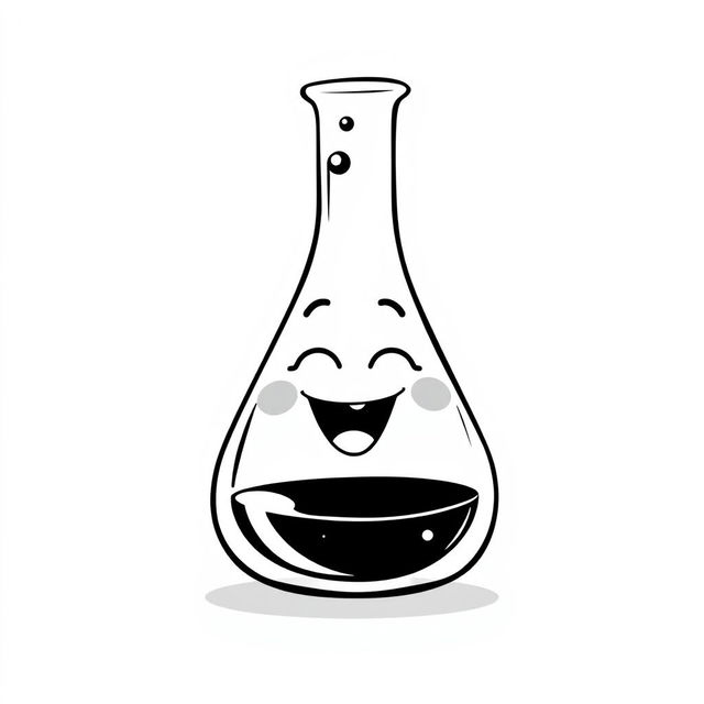 A whimsical and humorous black and white illustration of a laughing Erlenmeyer flask