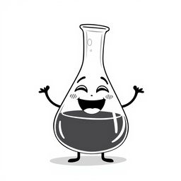 A whimsical and humorous black and white illustration of a laughing Erlenmeyer flask