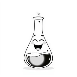 A whimsical and humorous black and white illustration of a laughing Erlenmeyer flask