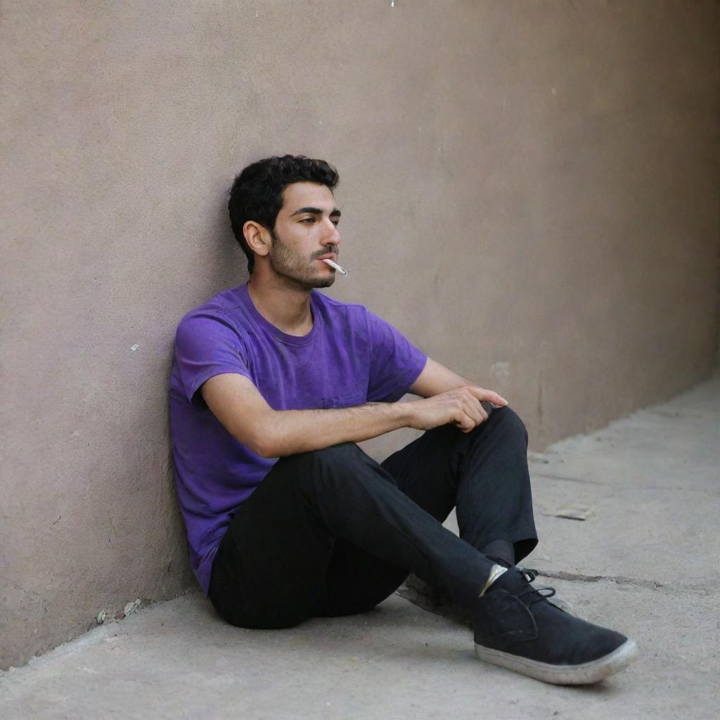 A 25-year-old Iranian man in a purple t-shirt and black pants, sitting secluded behind a wall, smoking a cigarette.