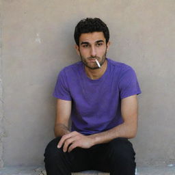 A 25-year-old Iranian man in a purple t-shirt and black pants, sitting secluded behind a wall, smoking a cigarette.