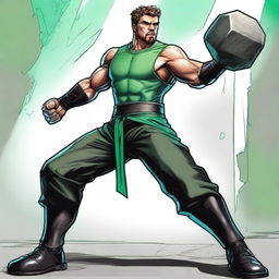 A highly realistic drawing of a 22-year-old man with an athletic and robust physique, striking green eyes, and a distinct goatee