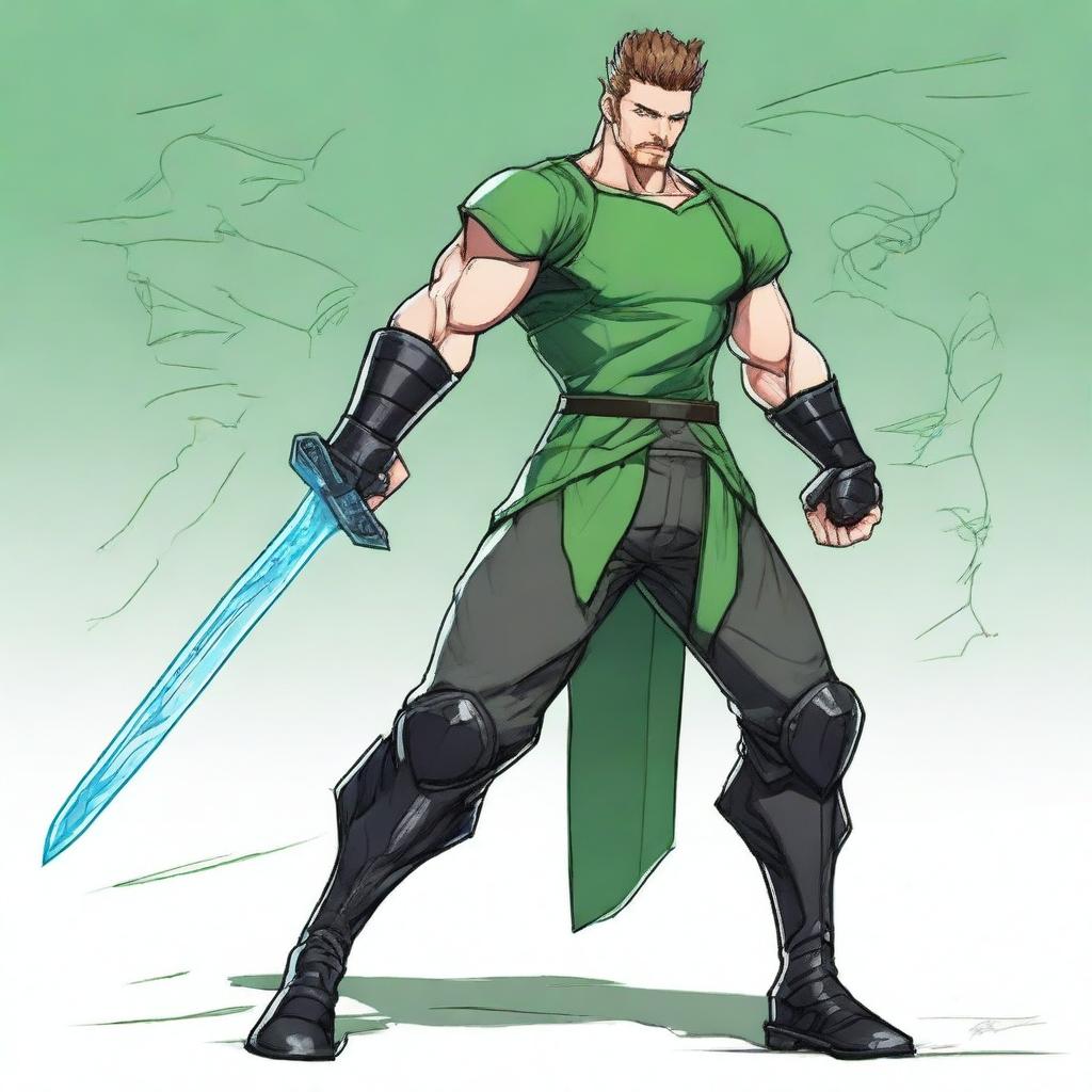 A highly realistic drawing of a 22-year-old man with an athletic and robust physique, striking green eyes, and a distinct goatee